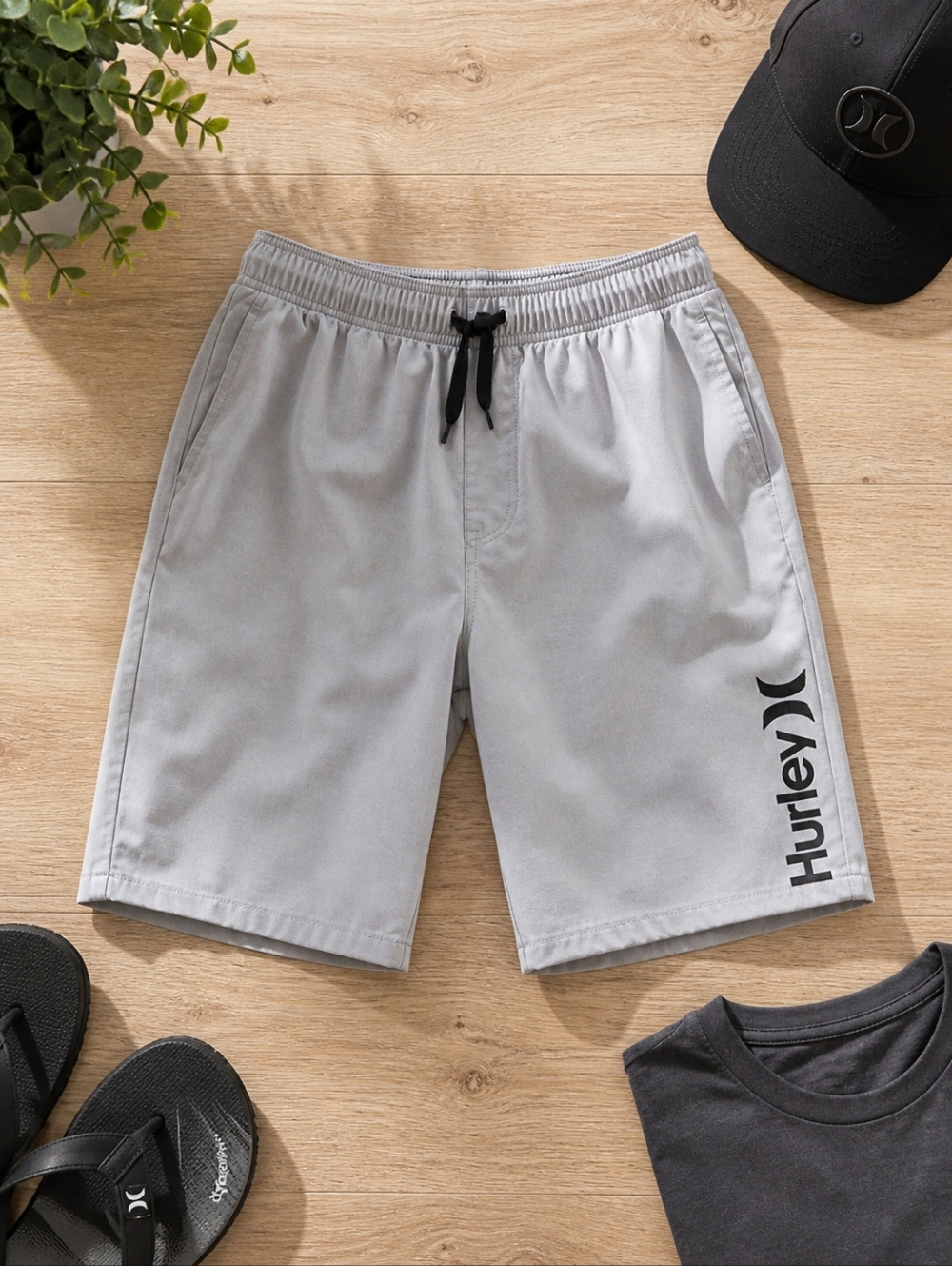 Hurley Boys Size 14/16 Gray Logo Drawstring Shorts